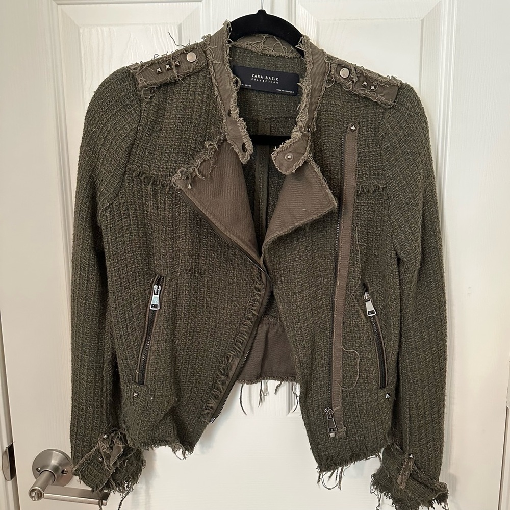 Zara Basic Olive Green Distressed Tweed Motorcycle Jacket Size S